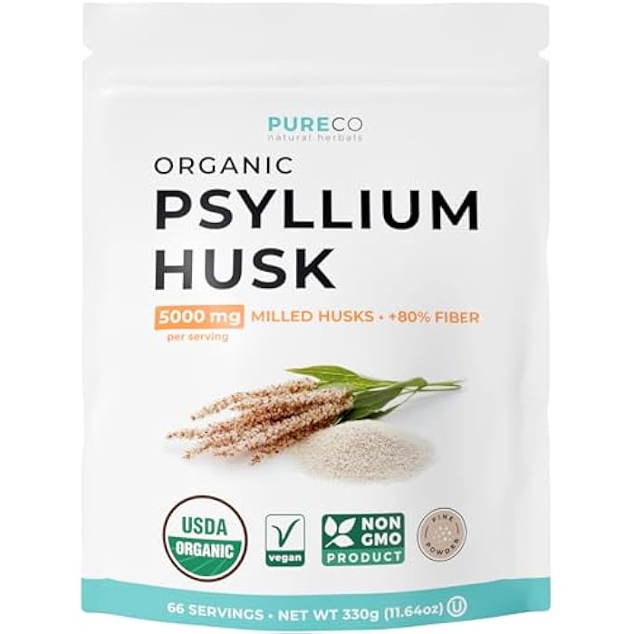 PURE CO Psyllium Husk Powder Organic Certified - Finely Ground Whole Psyllium Husk Organic Fiber Powder for Baking Smoothies & More - Vegan Gluten Free Non-GMO & Filler Free Soluble Fiber (66 Servings) - Image 1
