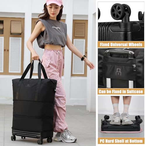 DOJUNS Duffle Bag with Wheels,Foldable Duffle Bag for Travel,Large Suitcases with Wheels,Foldable Travel Bags,Expandable Luggage,Carry on Luggage for Women Men (Pink) - Image 2