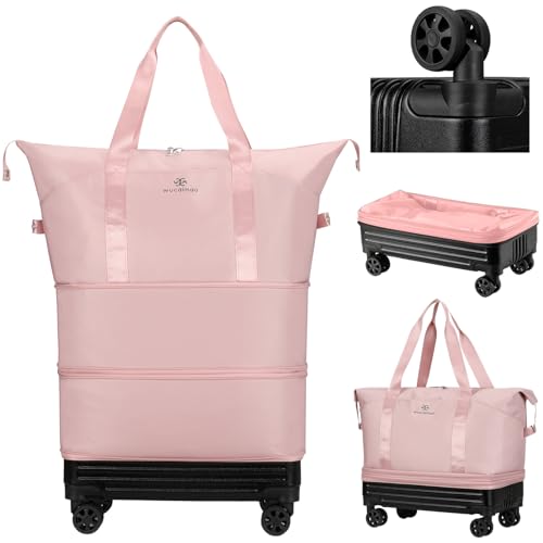 DOJUNS Duffle Bag with Wheels,Foldable Duffle Bag for Travel,Large Suitcases with Wheels,Foldable Travel Bags,Expandable Luggage,Carry on Luggage for Women Men (Pink) - Image 1