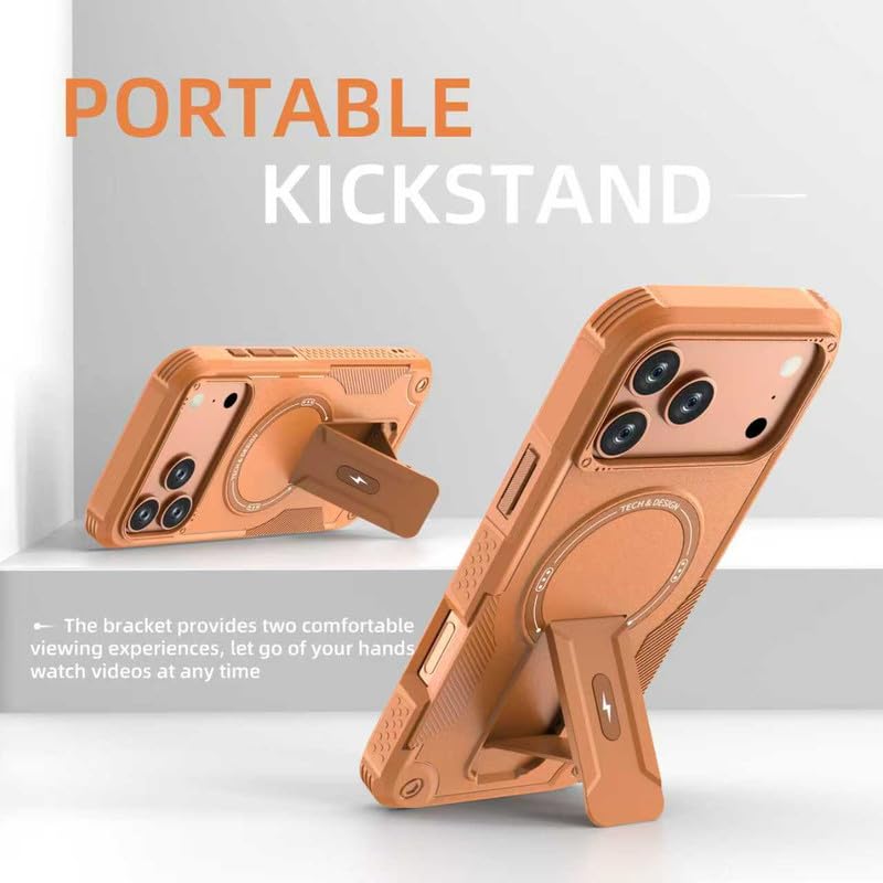 US LITE Back Cover for iPhone 17 Pro with Portable Kickstand | Mag-Safe Compatible Magnetic Case | Shockproof Military Grade Protection | Extreme Protection Phone Cover – Orange - Image 5