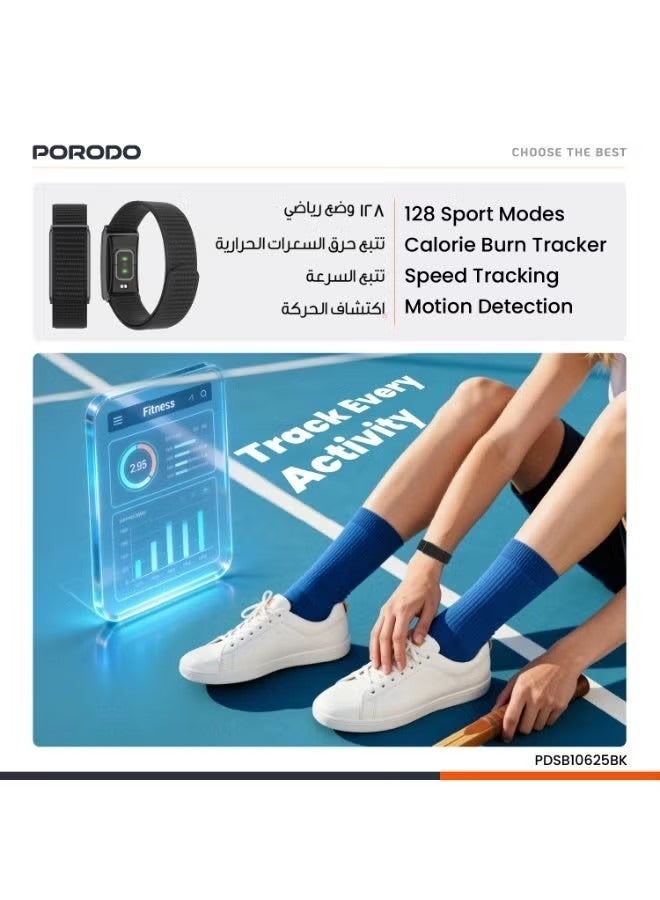 porodo Track Fit Smart Band with IP68 Water-Resistant, 30-Day Battery, Heart Rate & Blod Oxygen, 128+ Sports Modes, Stress & Weather Monitor - Black - Image 5