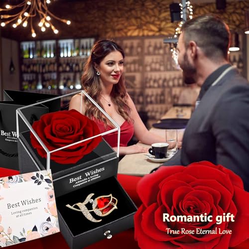 SWEETIME Preserved Red Rose Gift Box- Enchanted Real Roses with Ruby brooch, Eternal Rose Flower in Jewelry Box, Handmade Rose,Forever Red Rose Gift for her On Christmas Mother's Day, Anniversary. - Image 2