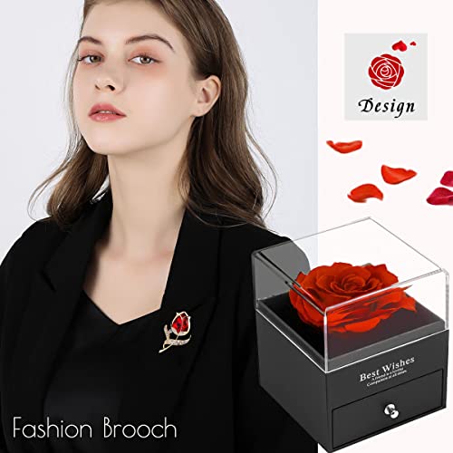 SWEETIME Preserved Red Rose Gift Box- Enchanted Real Roses with Ruby brooch, Eternal Rose Flower in Jewelry Box, Handmade Rose,Forever Red Rose Gift for her On Christmas Mother's Day, Anniversary. - Image 5