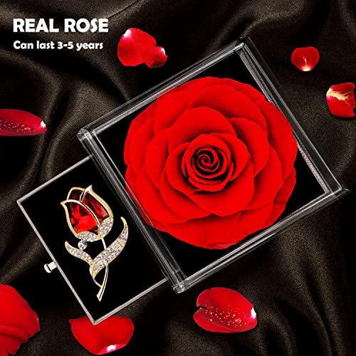 SWEETIME Preserved Red Rose Gift Box- Enchanted Real Roses with Ruby brooch, Eternal Rose Flower in Jewelry Box, Handmade Rose,Forever Red Rose Gift for her On Christmas Mother's Day, Anniversary. - Image 3