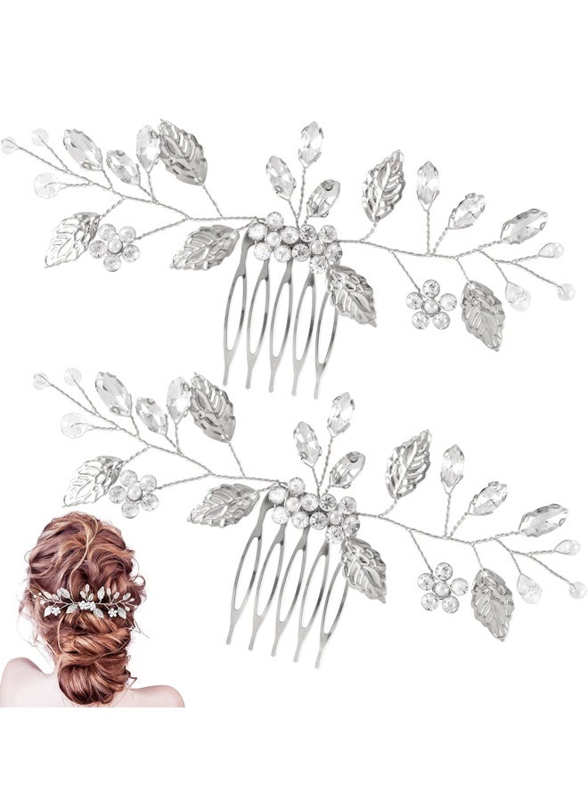 2 Pcs Leaf Hair Combs, Silver Rhinestone Hair Comb Clips, Hair Side Comb Clips, Crystal Wedding Headpiece Accessories - Image 1