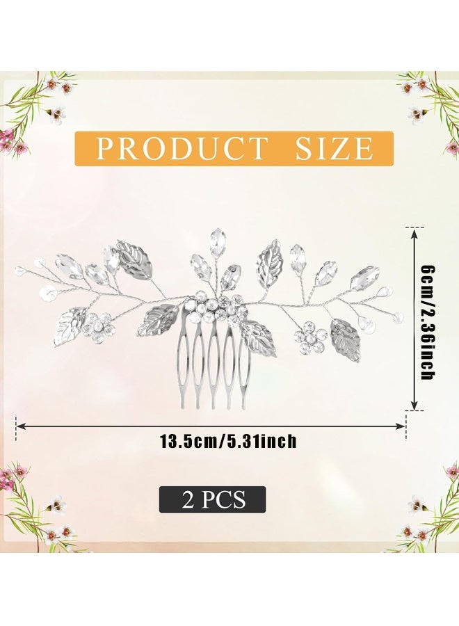 2 Pcs Leaf Hair Combs, Silver Rhinestone Hair Comb Clips, Hair Side Comb Clips, Crystal Wedding Headpiece Accessories - Image 2