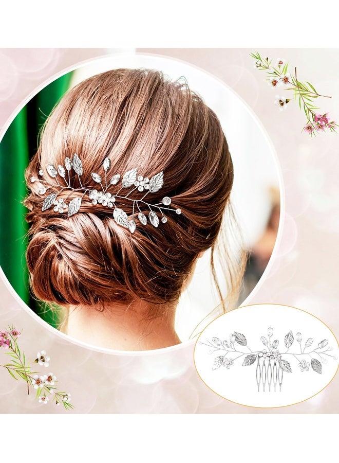 2 Pcs Leaf Hair Combs, Silver Rhinestone Hair Comb Clips, Hair Side Comb Clips, Crystal Wedding Headpiece Accessories - Image 3