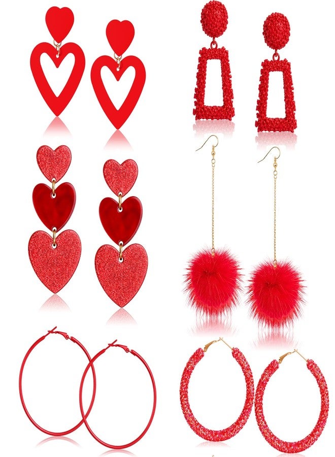 Batiyeer 6 Pairs Valentine Earrings Set Heart Boho Glitter Sequins Hoop Earring for Women Mother's Day Gift(Red) - Image 1