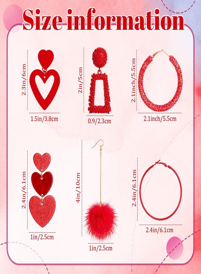 Batiyeer 6 Pairs Valentine Earrings Set Heart Boho Glitter Sequins Hoop Earring for Women Mother's Day Gift(Red) - Image 3