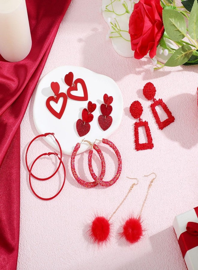 Batiyeer 6 Pairs Valentine Earrings Set Heart Boho Glitter Sequins Hoop Earring for Women Mother's Day Gift(Red) - Image 2