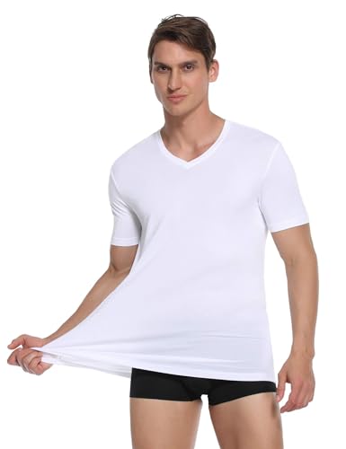 COLORFULLEAF Mens Undershirt Bamboo Rayon VNeck TShirts Short Sleeve Tagless Tees Slim Fit Underwear 3Pack White M - Image 3