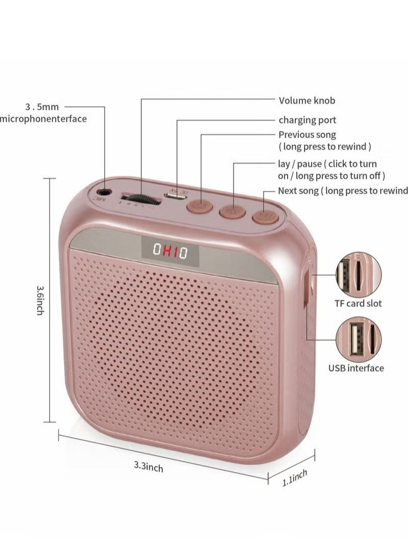 Voice Amplifier, 3.5mm Wired Microphone Headphone Voice Amplifier 2200mAh Rechargeable Multifunctional Noise Canceling Speaker Support U Disk and TF Card, Rose - Image 2