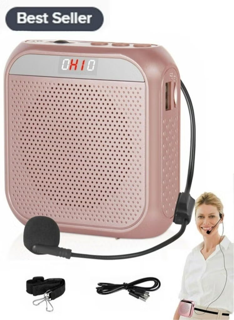 Voice Amplifier, 3.5mm Wired Microphone Headphone Voice Amplifier 2200mAh Rechargeable Multifunctional Noise Canceling Speaker Support U Disk and TF Card, Rose - Image 1