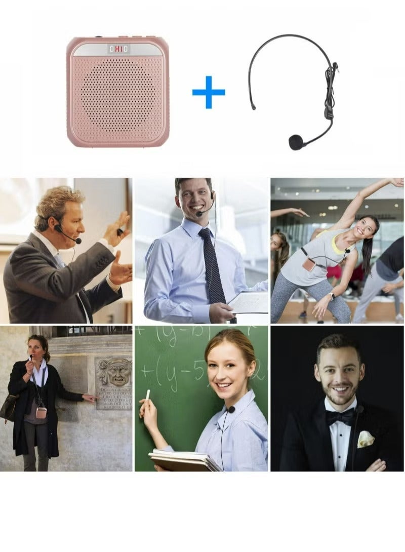 Voice Amplifier, 3.5mm Wired Microphone Headphone Voice Amplifier 2200mAh Rechargeable Multifunctional Noise Canceling Speaker Support U Disk and TF Card, Rose - Image 4