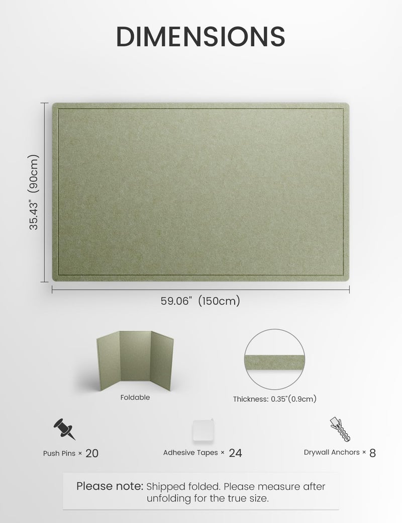 Fluxynara Large Bulletin Board, 59" x 35.4" Cork Board Alternative with 24 Safe Removable Adhesive Tabs, Foldable Felt Pin Board for Home Office, Classroom, Bedroom,Entryway for Wallsâ€” Sage - Image 2