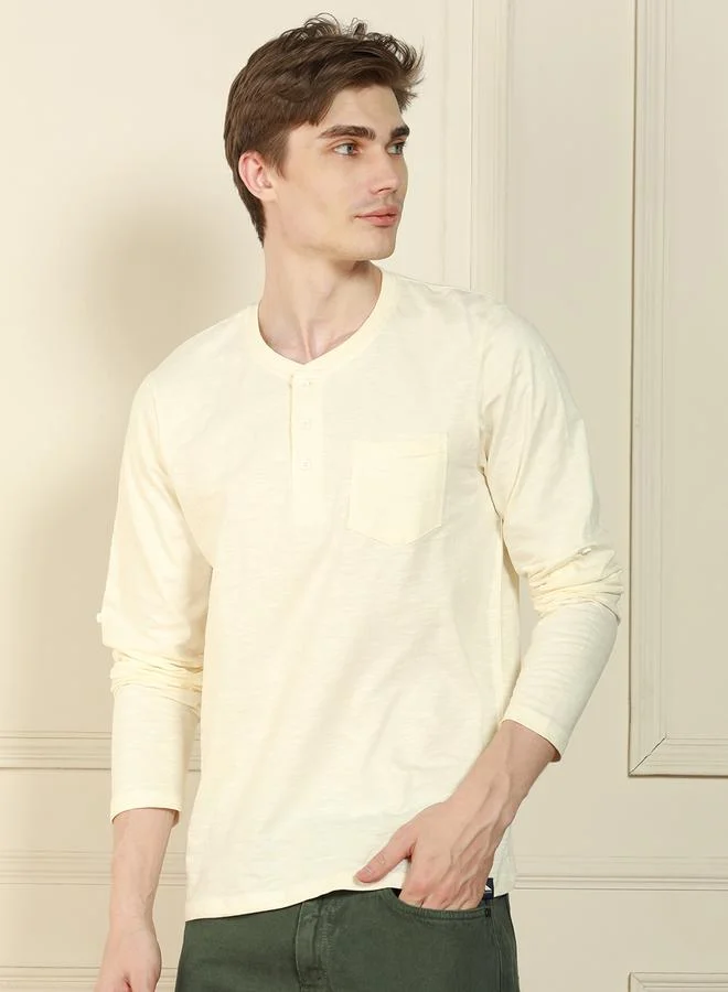 Dennis Lingo Men's Off White 100% Cotton Solid Pattern Regular Fit T-Shirt