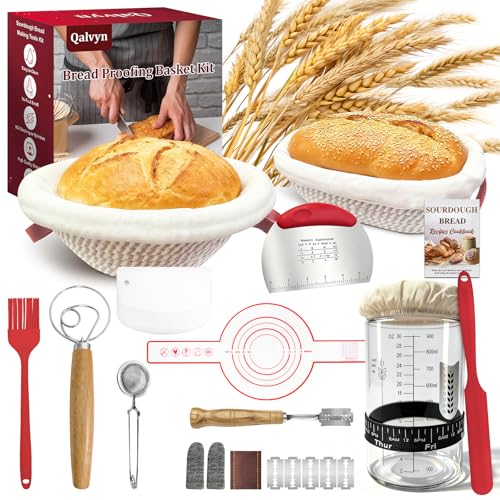 Qalvyn Sourdough Bread Baking Supplies, Sourdough Starter Kit with Cotton Rope Oval & Round Bread Proofing Basket and Sourdough Starter Jar, Artisan Bread Making Kit Ideal Gift for Bakers, Women Wife Mom Red - Image 1