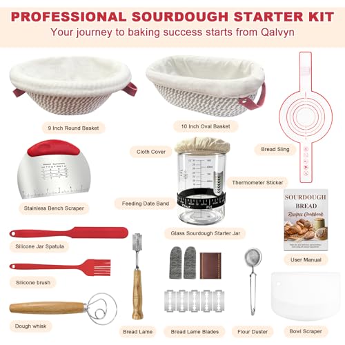 Qalvyn Sourdough Bread Baking Supplies, Sourdough Starter Kit with Cotton Rope Oval & Round Bread Proofing Basket and Sourdough Starter Jar, Artisan Bread Making Kit Ideal Gift for Bakers, Women Wife Mom Red - Image 2