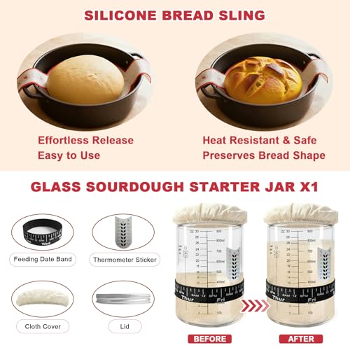 Qalvyn Sourdough Bread Baking Supplies, Sourdough Starter Kit with Cotton Rope Oval & Round Bread Proofing Basket and Sourdough Starter Jar, Artisan Bread Making Kit Ideal Gift for Bakers, Women Wife Mom Red - Image 5