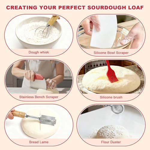 Qalvyn Sourdough Bread Baking Supplies, Sourdough Starter Kit with Cotton Rope Oval & Round Bread Proofing Basket and Sourdough Starter Jar, Artisan Bread Making Kit Ideal Gift for Bakers, Women Wife Mom Red - Image 3