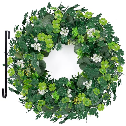 luck sea St Patricks Day Artificial Eucalyptus Wreath Saint Patrick Decorations for Front Door - St Paddys Shamrock Decor for Irish March Home Wall Porch Party Supplies - Image 1