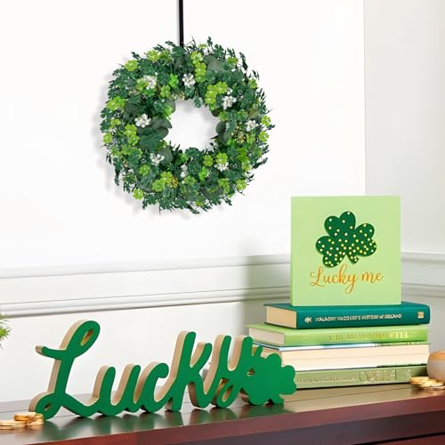 luck sea St Patricks Day Artificial Eucalyptus Wreath Saint Patrick Decorations for Front Door - St Paddys Shamrock Decor for Irish March Home Wall Porch Party Supplies - Image 3