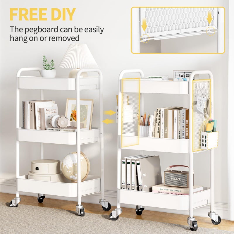 TOOLF 3 Tier Rolling Cart Storage Organizer, Metal Rolling Utility Cart with Wheels, Hooks & Bins Esthetician Craft Art Sturdy Storage with Pegboard for Bathroom, Kitchen, Office, Nursery Diaper - Image 3