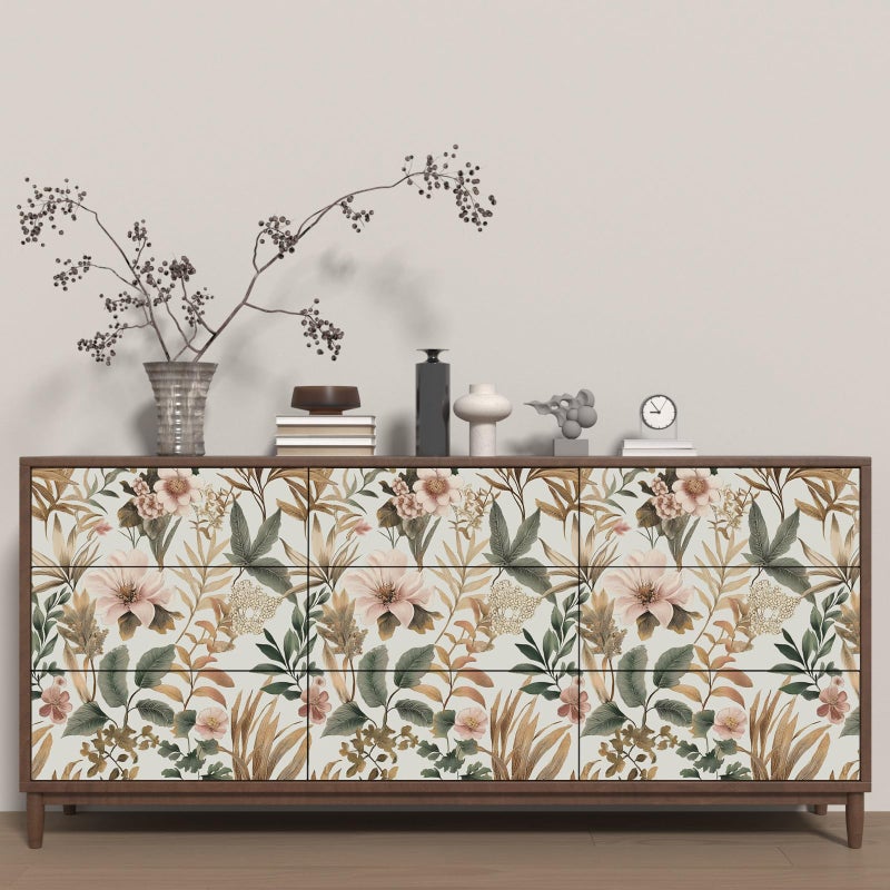 Laatse Vintage Floral Peel and Stick Wallpaper Pink Green Gold Botanical Contact Paper Vinyl Self Adhesive Removable Retro Leaf Wall Mural for Living Room Walls Cabinet Dresser Table Decor 17.5" x 118" - Image 2