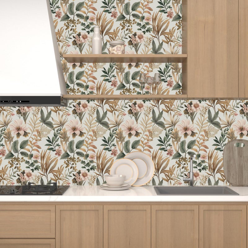 Laatse Vintage Floral Peel and Stick Wallpaper Pink Green Gold Botanical Contact Paper Vinyl Self Adhesive Removable Retro Leaf Wall Mural for Living Room Walls Cabinet Dresser Table Decor 17.5" x 118" - Image 5
