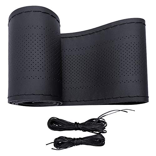 Carodi Leather Steering Wheel Cover, Breathable Non-Slip Design, Soft and Comfortable Feeling, Universal 15 Inch Auto Car Steering Wheel Stitch on Wrap（Size M+, Black） - Image 1