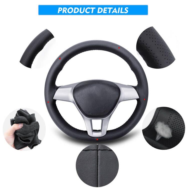 Carodi Leather Steering Wheel Cover, Breathable Non-Slip Design, Soft and Comfortable Feeling, Universal 15 Inch Auto Car Steering Wheel Stitch on Wrap（Size M+, Black） - Image 4