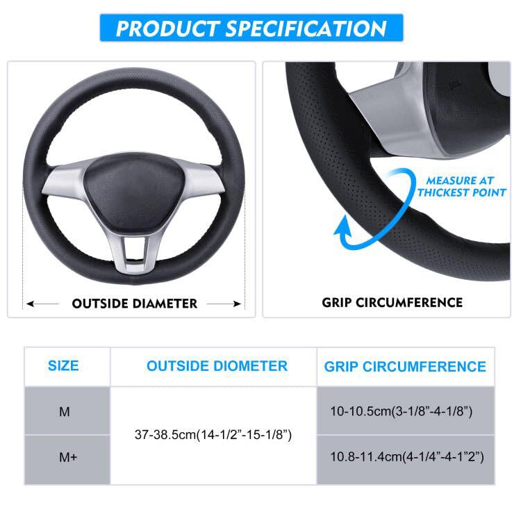 Carodi Leather Steering Wheel Cover, Breathable Non-Slip Design, Soft and Comfortable Feeling, Universal 15 Inch Auto Car Steering Wheel Stitch on Wrap（Size M+, Black） - Image 3
