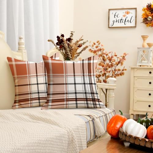 RABUSOFA Fall Pillow Covers 18x18 Inch Outdoor Waterproof Set of 2 Rust Buffalo Plaid Thanksgiving Autumn Decorative Throw Cushion Cases Seasonal Fall Farmhouse Decorations for Home Couch Patio - Image 3