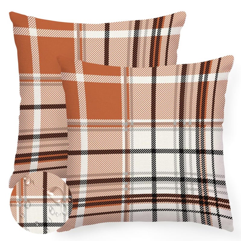 RABUSOFA Fall Pillow Covers 18x18 Inch Outdoor Waterproof Set of 2 Rust Buffalo Plaid Thanksgiving Autumn Decorative Throw Cushion Cases Seasonal Fall Farmhouse Decorations for Home Couch Patio - Image 2