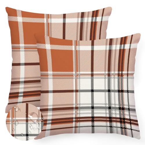 RABUSOFA Fall Pillow Covers 18x18 Inch Outdoor Waterproof Set of 2 Rust Buffalo Plaid Thanksgiving Autumn Decorative Throw Cushion Cases Seasonal Fall Farmhouse Decorations for Home Couch Patio - Image 1