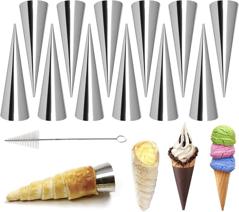 Joyeee 12 Pack Small Cream Horn Molds Stainless Steel 34 Inch Mini Size Cone Shaped Cream Horn Forms with Cleaning Brush Baking for Christmas Party Wedding Desserts Festive Dinners - Image 1