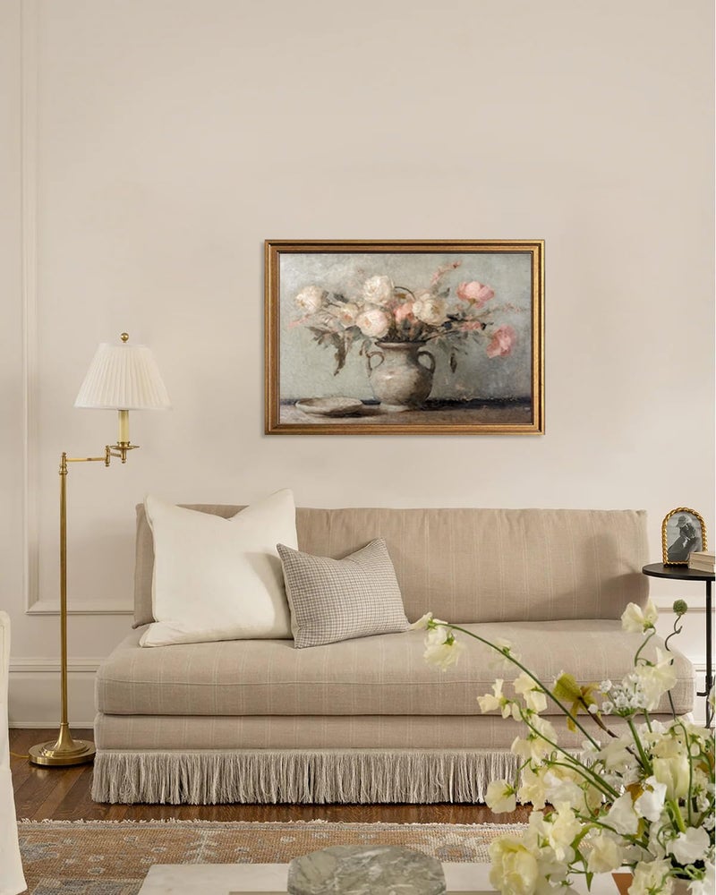 KBKBART Vintage Wall Art, Retro Muted Still Life Flower Painting, Framed Canvas Art Prints Farmhouse Decor, Rustic Pink and White Flowers Botanical Prints for Wall Decor, Classical North Prints Bathroom Wall Decor (16"x24") - Image 5