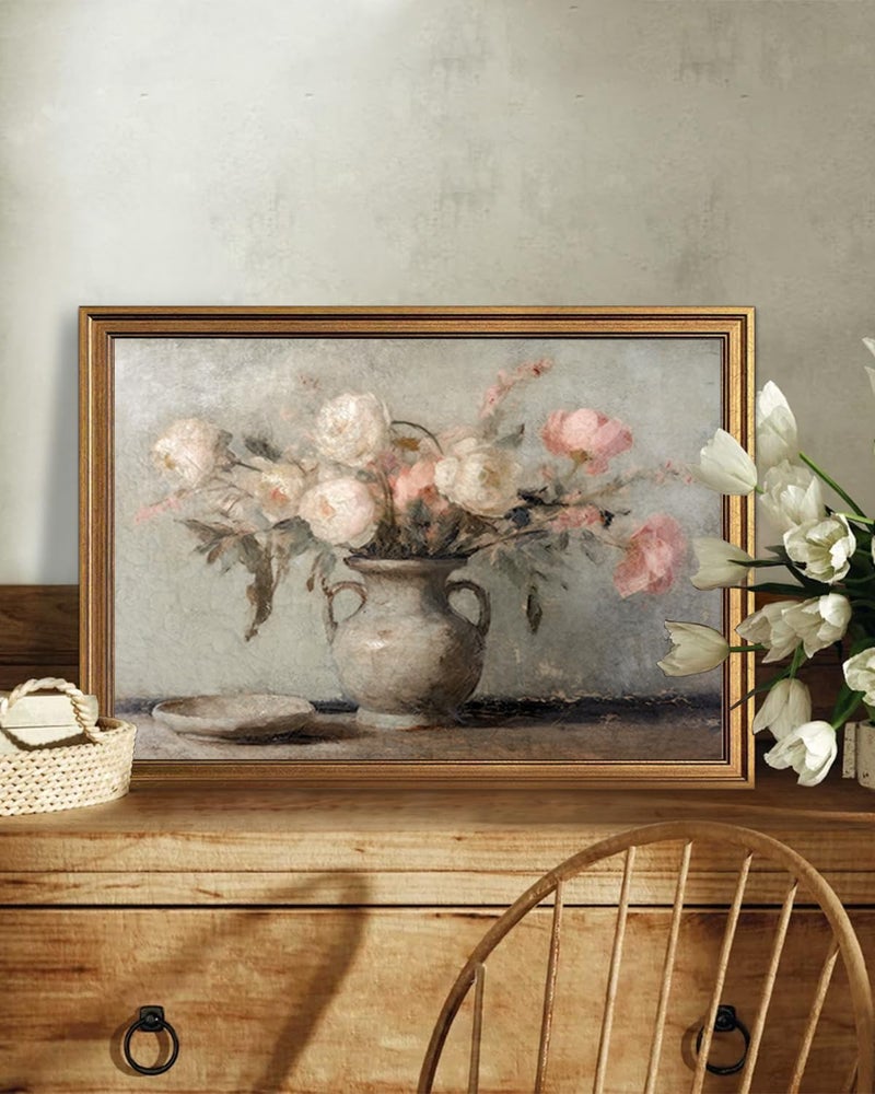 KBKBART Vintage Wall Art, Retro Muted Still Life Flower Painting, Framed Canvas Art Prints Farmhouse Decor, Rustic Pink and White Flowers Botanical Prints for Wall Decor, Classical North Prints Bathroom Wall Decor (16"x24") - Image 3