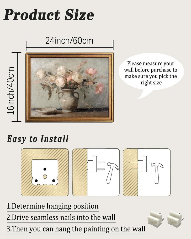 KBKBART Vintage Wall Art, Retro Muted Still Life Flower Painting, Framed Canvas Art Prints Farmhouse Decor, Rustic Pink and White Flowers Botanical Prints for Wall Decor, Classical North Prints Bathroom Wall Decor (16"x24") - Image 2