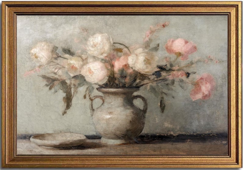 KBKBART Vintage Wall Art, Retro Muted Still Life Flower Painting, Framed Canvas Art Prints Farmhouse Decor, Rustic Pink and White Flowers Botanical Prints for Wall Decor, Classical North Prints Bathroom Wall Decor (16"x24") - Image 1