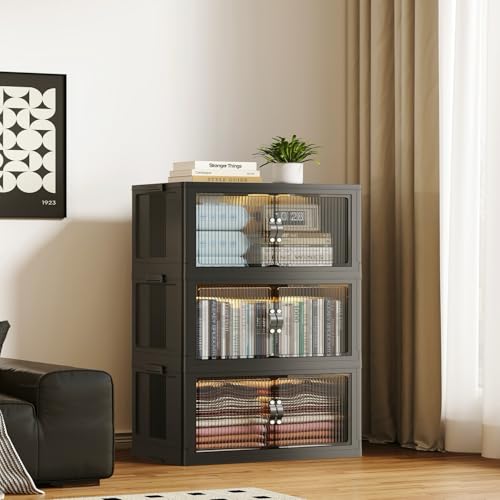 SAILUN 87Gal/348Qt Stackable Storage Bins Folding Collapsible Storage Bins with Lid, Closet Organizers and Storage, Black 26" W x 17" D x 43.7" H - Image 1