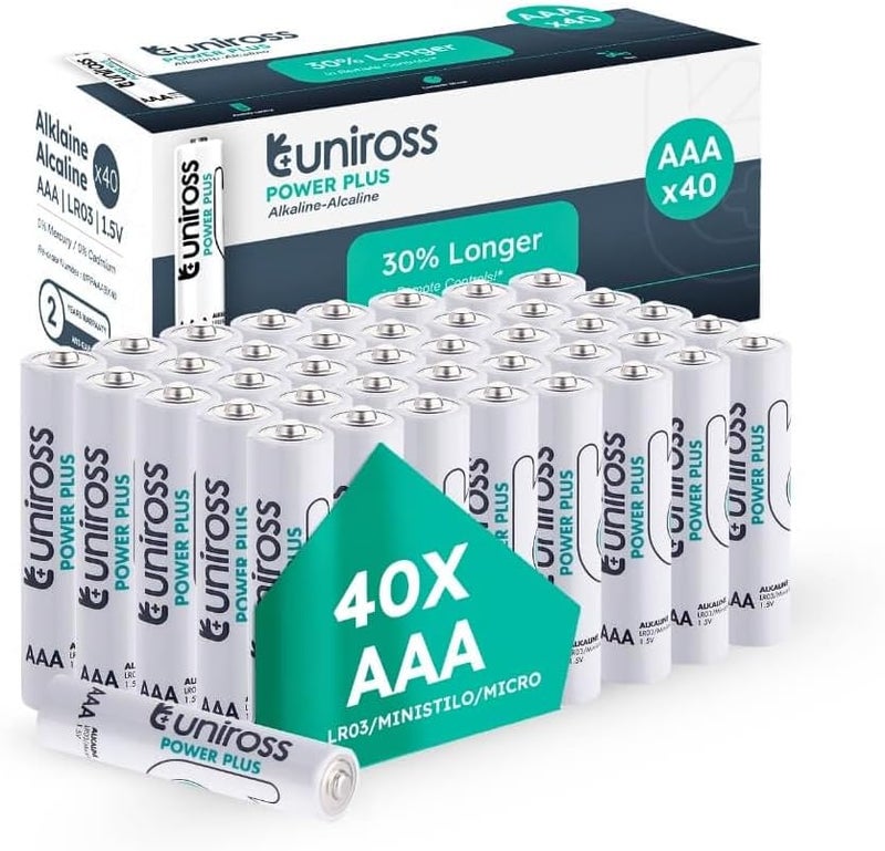 يونيروس بطاريات Uniross AAA LR03 Power Plus 1.5 فولت قلوية طويلة الأمد لمنبهات الساعة وألعاب التحكم عن بعد – عبوة من 40 بطارية - Image 1