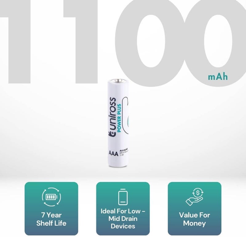 يونيروس بطاريات Uniross AAA LR03 Power Plus 1.5 فولت قلوية طويلة الأمد لمنبهات الساعة وألعاب التحكم عن بعد – عبوة من 40 بطارية - Image 2