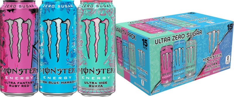 Monster باقة متنوعة من مشروبات مونستر إنرجي ألترا، بلو هاواي، ألترا فايس غوافا، ألترا فانتسي روبي ريد، مشروب طاقة خالي من السكر، 16 أونصة (عبوة من 15)