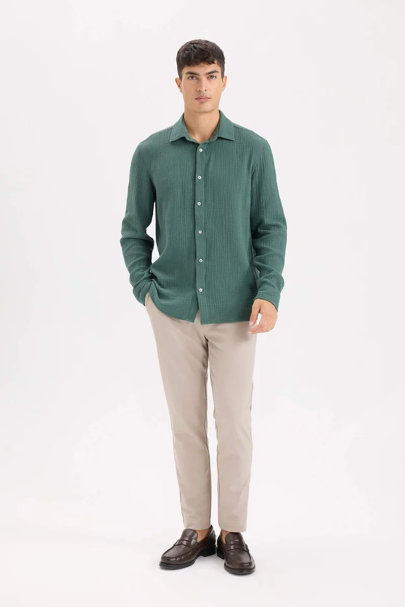 ديفاكتو Regular Fit Polo Collar Muslin Long Sleeve Shirt