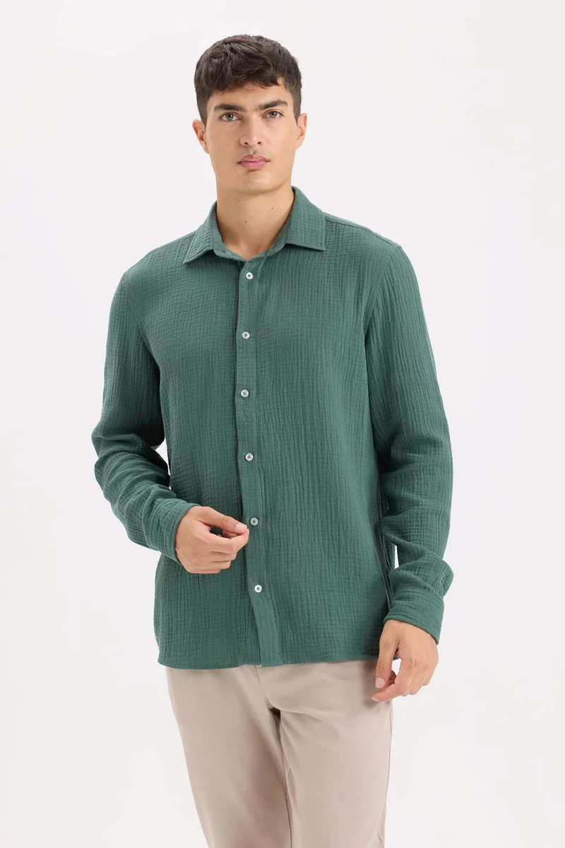 ديفاكتو Regular Fit Polo Collar Muslin Long Sleeve Shirt