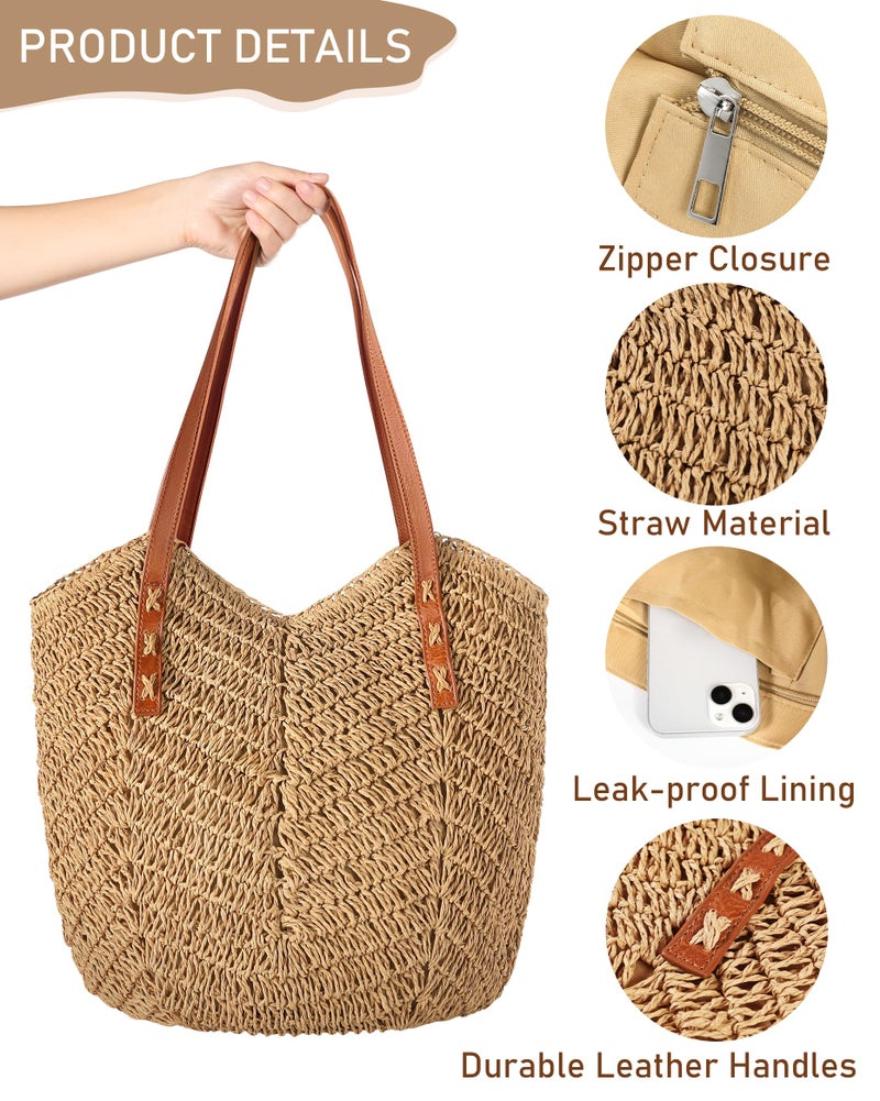 Loiyadn Straw Bag - Large Beach Bags for Women with Zipper, Soft Woven beach bag, Casual Straw Shoulder Bag for Beach, Travel & Daily Use - Image 4