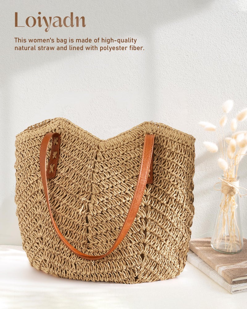 Loiyadn Straw Bag - Large Beach Bags for Women with Zipper, Soft Woven beach bag, Casual Straw Shoulder Bag for Beach, Travel & Daily Use - Image 5