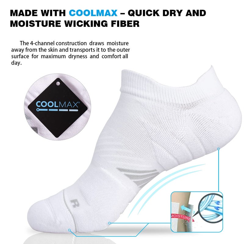 Hylaea Low Cut Socks for Running with Cushion Pad, No Show Athletic Sport Tab Coolmax Socks Moisture Wicking, No Blister, Seamless, Anti-Odor White Large - Image 3