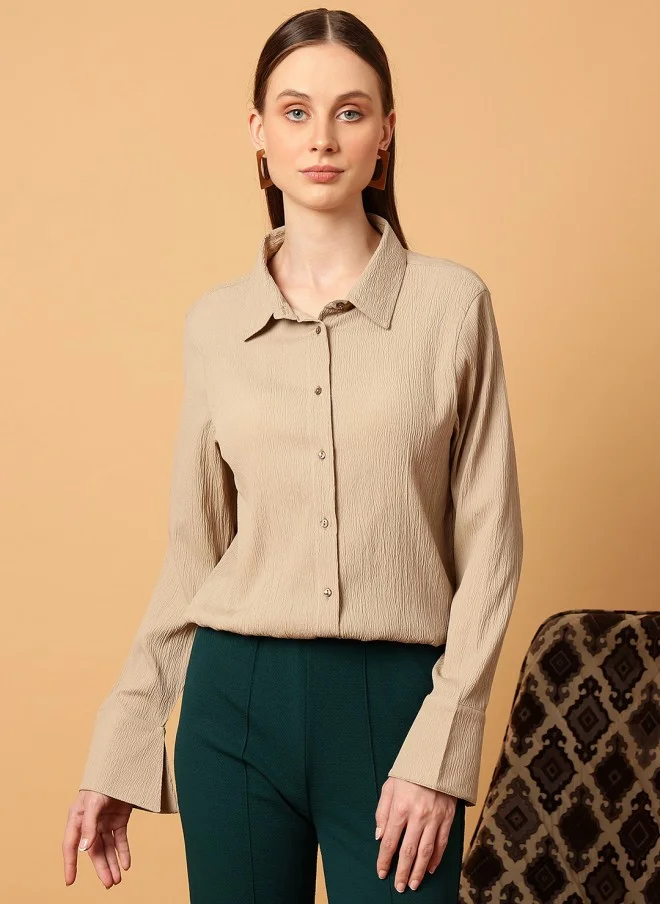 MINT STREET Beige Slim Fit Casual Shirt for Women